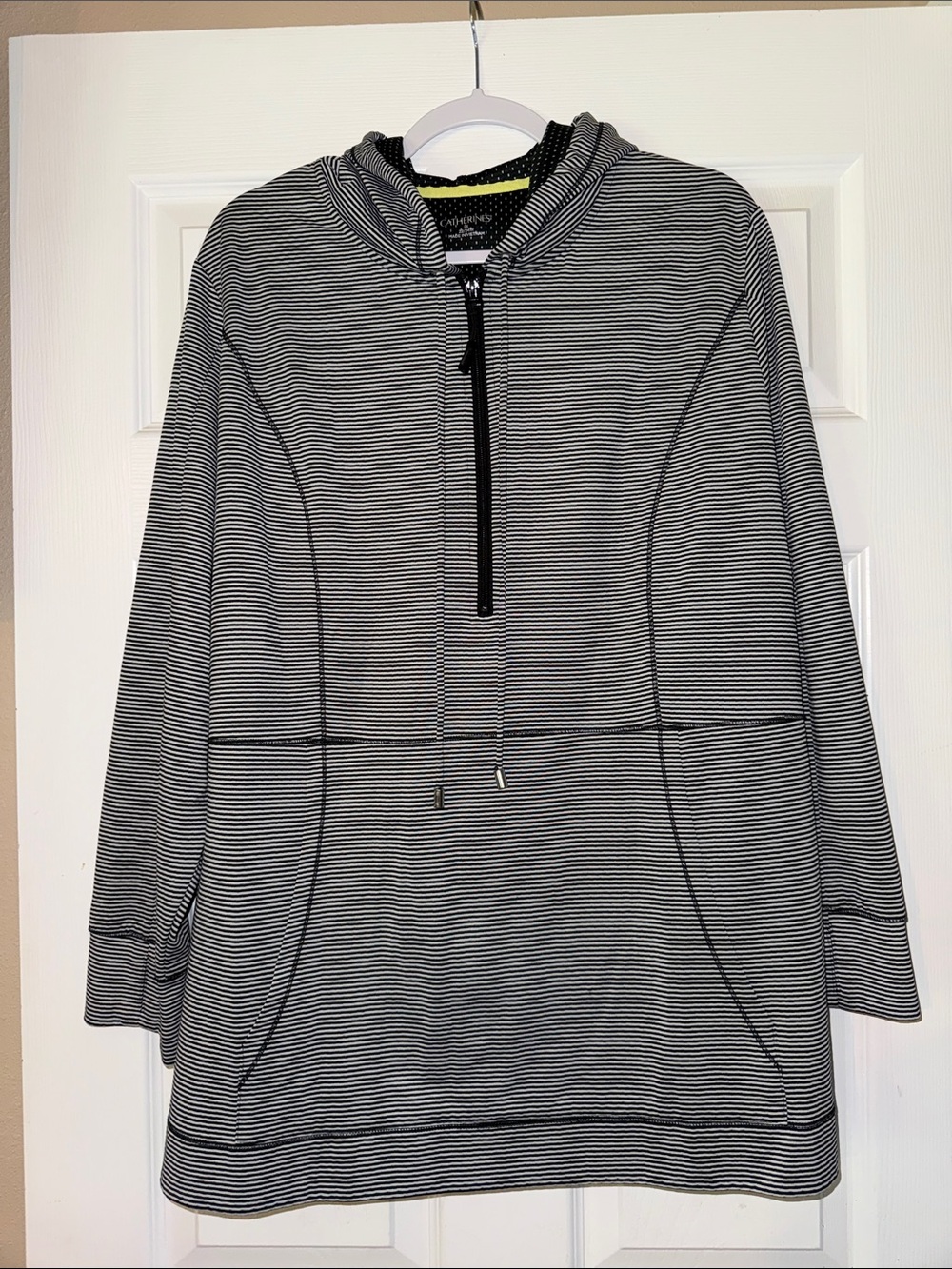 Catherines Black & White Striped Half-Zip Hoodie Sweater
